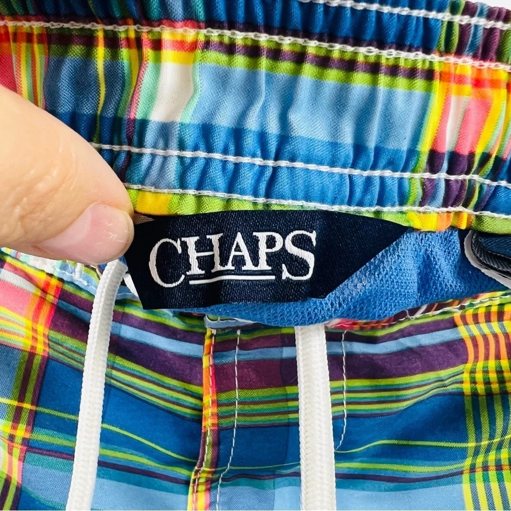 Chaps Mens XL Swim Trunks Plaid Blue Green Cargo Pocket Mesh Lined Board Shorts